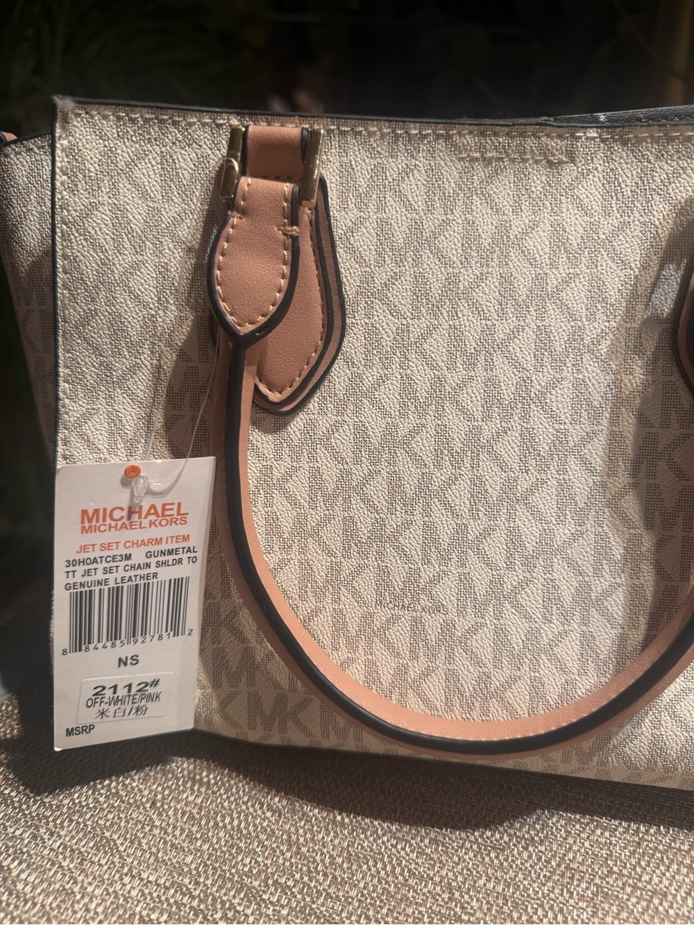 NWT Michael Kors Jet Set Charm Signature MK Tote Off White Pink Handbag-No Strap - Picture 2 of 3